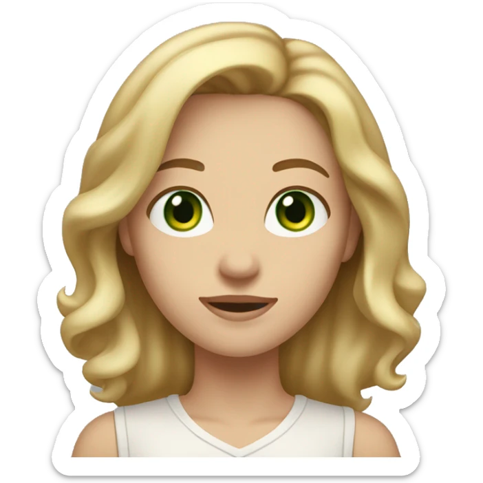 A woman with shoulder-length, wavy blonde hair, green eyes, and fair skin. She is wearing a light-colored shirt and has a neutral to slightly smiling expression. sticker