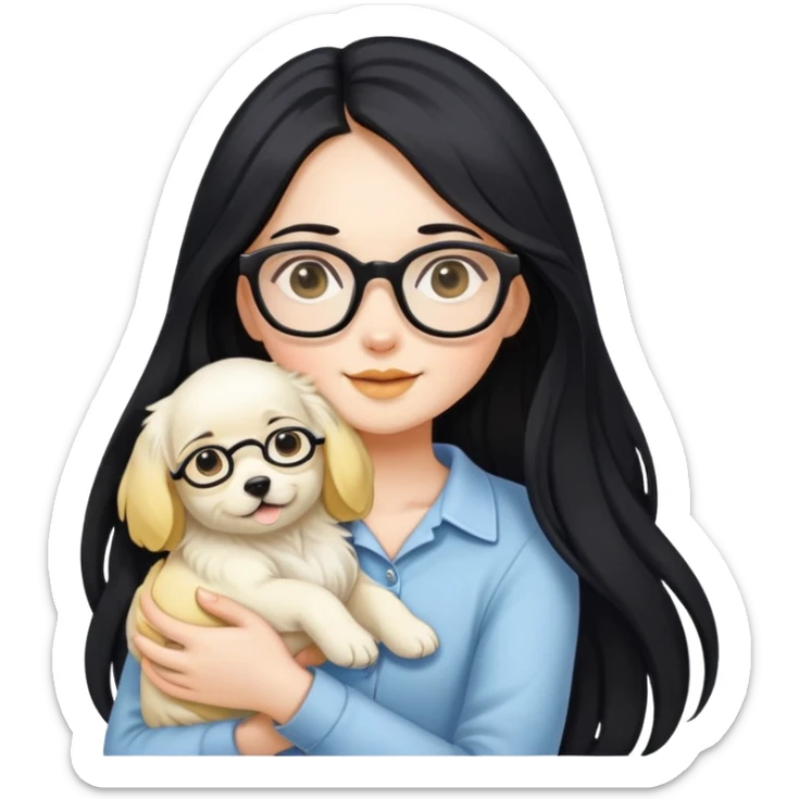 A beautiful girl with long black hair and glasses is holding a long-haired white and yellow puppy sticker