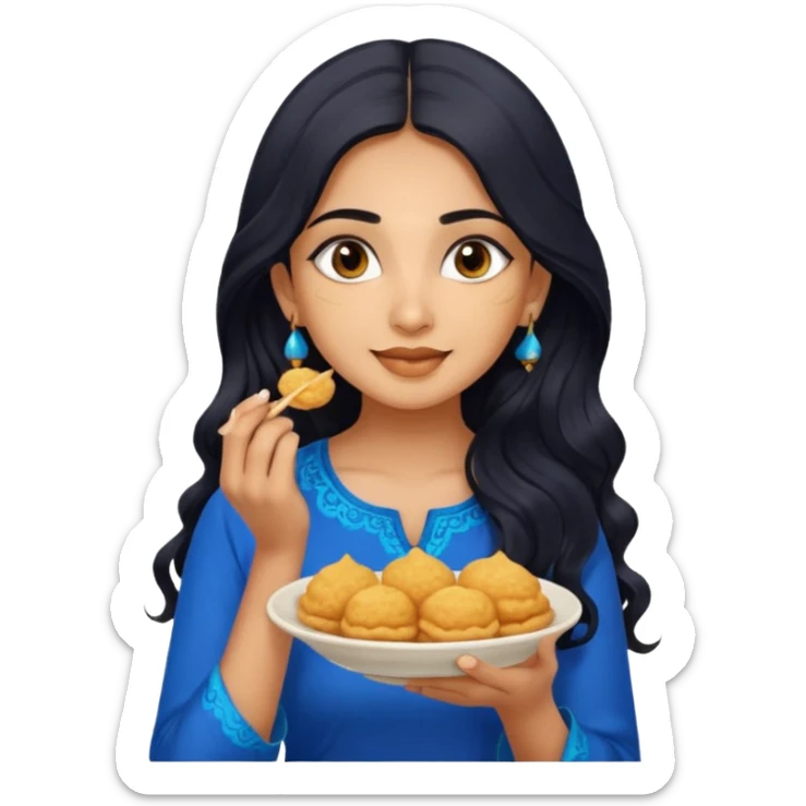 a pretty tan indian bratz girl with wavy long BLACK hair. eyeliner on, wearing a blue kurti, eating golgappa. NO SPOON sticker