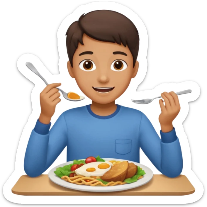 middle school student eating a meal at a table, happy expression, plate of food sticker