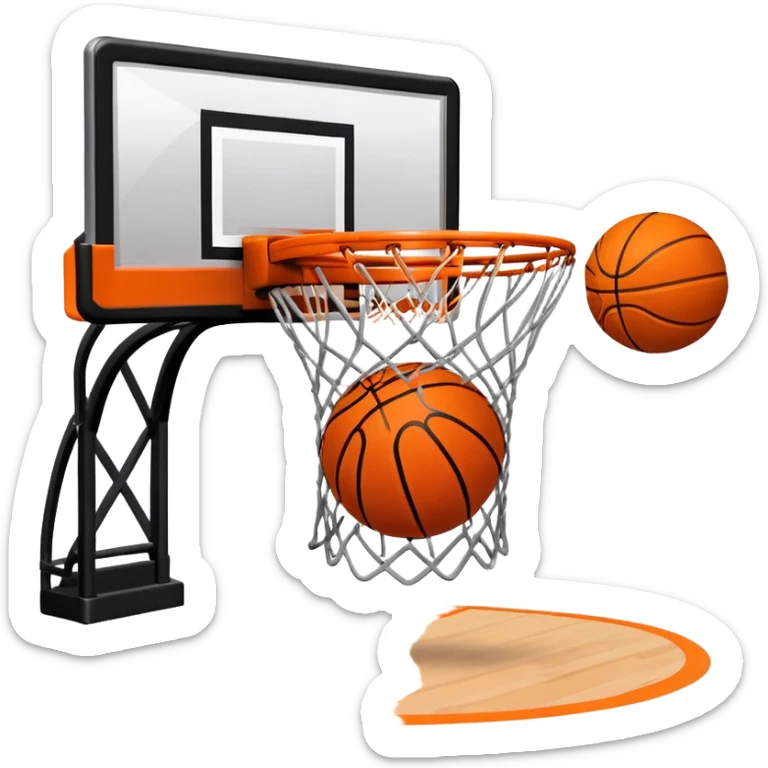 A close-up shot of a basketball entering the hoop, with the ball swishing through the net. The background features a blurred basketball court, emphasizing the perfect shot and the excitement of the game. sticker