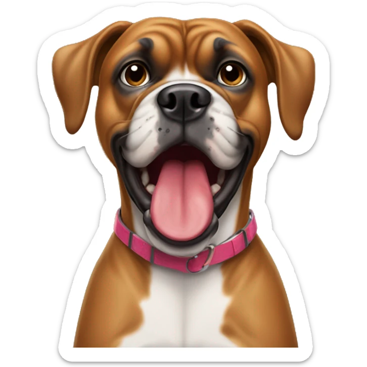 Senior boxer dog with single canine tooth sticking out of her closed mouth.  sticker