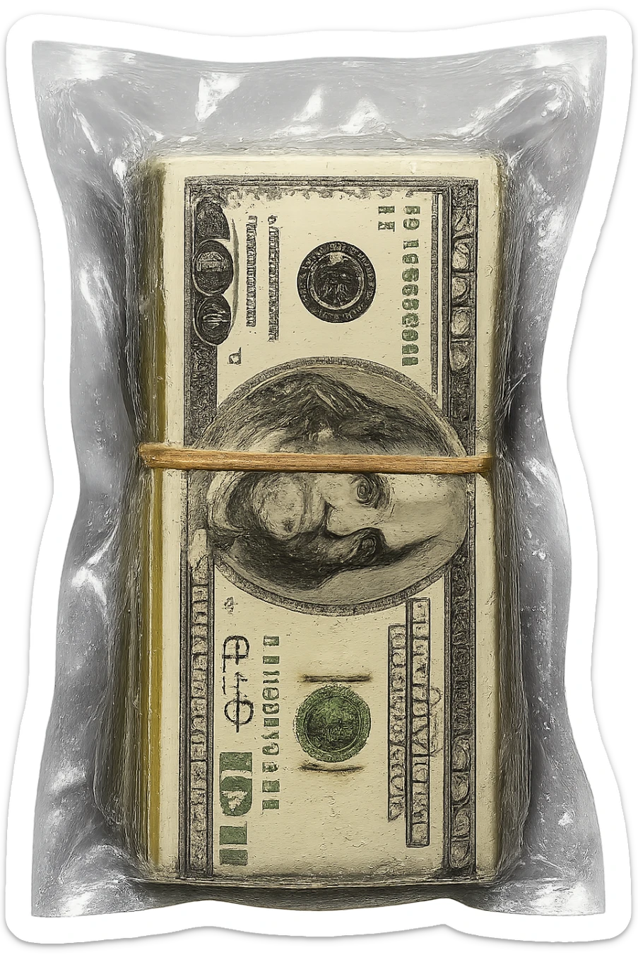 Enhance the stack of cash inside the vacuum-sealed plastic bag to be even more realistic and hyper-realistic, with crisp, detailed bills and a realistic rubber band. The bag remains clear and vacuum-sealed like retail product packaging. No background. sticker
