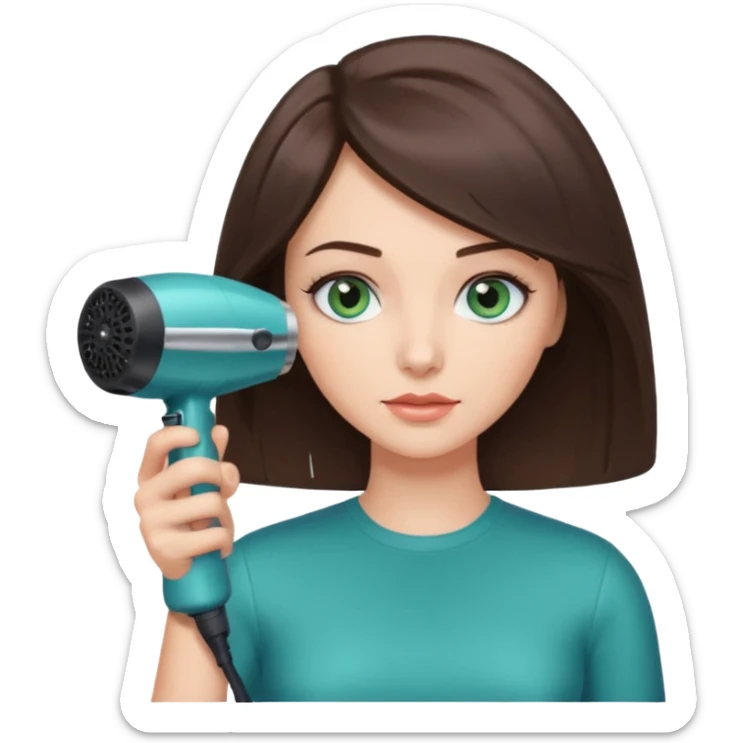 brunette bob girl hair stylist with blue green eyes holding a hair dryer sticker