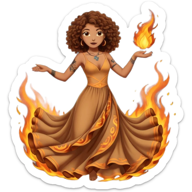 Sexy brown eyes, brown curly hair, white ethnicity with tattoo, mystic vibe, dancing in the fire in the night  sticker