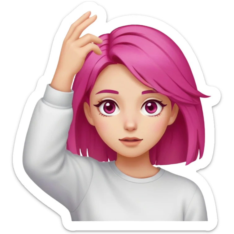 pale girl with hazel eyes and dark pink mid length hair dabbing sticker