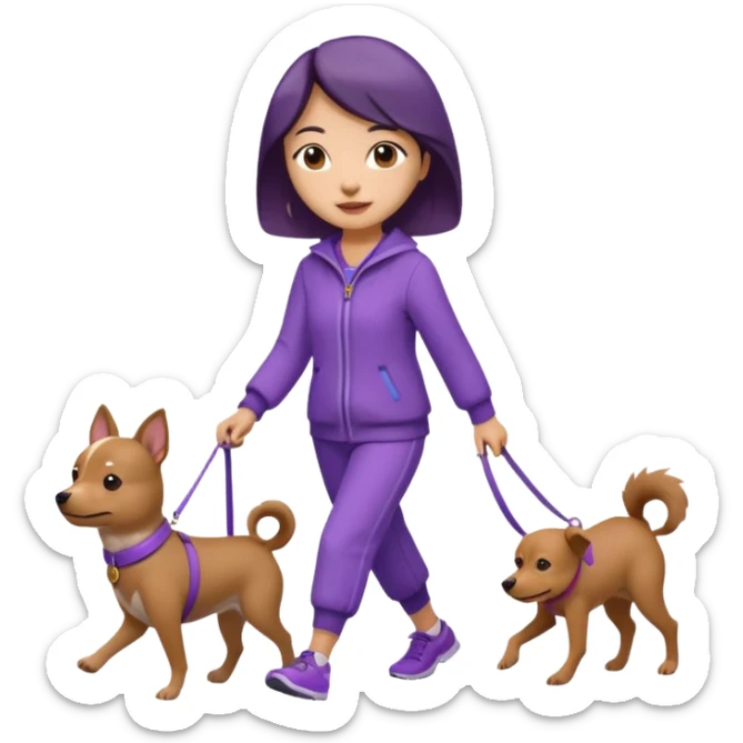 Chinese woman wearing purple outfit walking one small brown dog sticker