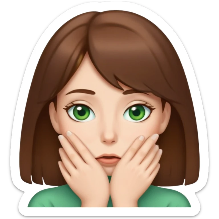 shy woman covering mouth, brown hair, green eyes sticker