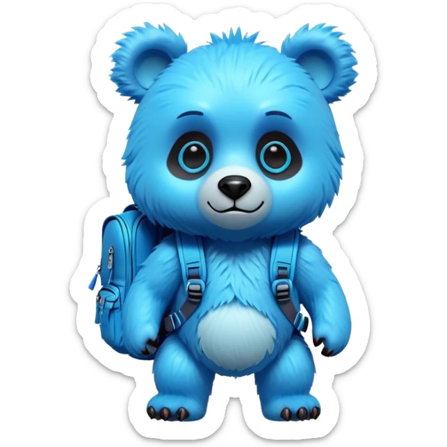 3D, adorable little Pixar style blue neon punk bear with a backpack, ultra detailed, each lash, eye, and strand of fur is shown in stunning detail as though captured in a timeless photograph, rich textures, visually rich, so lifelike it feels like it could leap off the page at any moment sticker