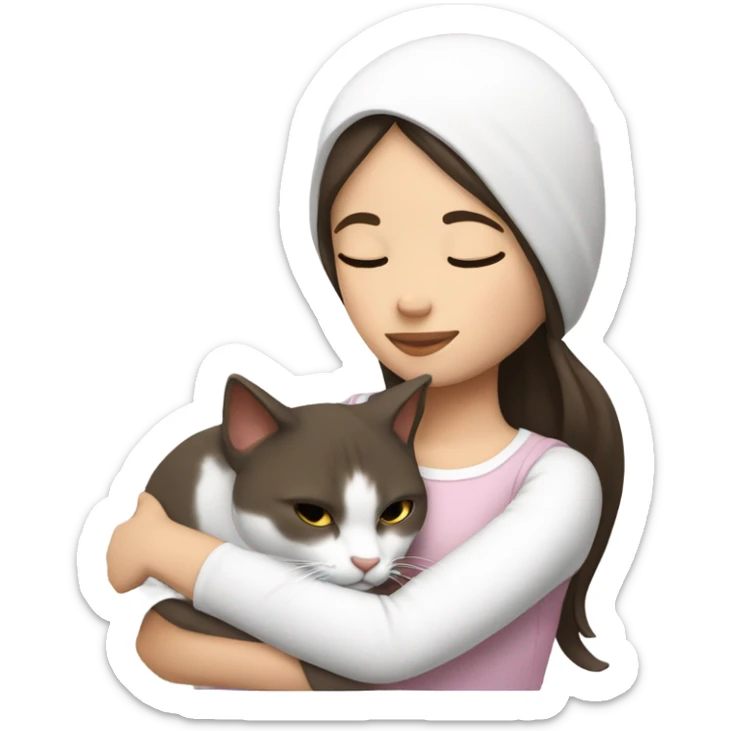 girl dark brown hair sleep with white cat with ash spot clearance on head in her arm sticker