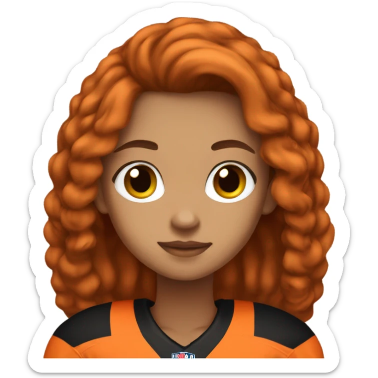Girl with long brown hair, wearing orange and black Bengals football jersey sticker