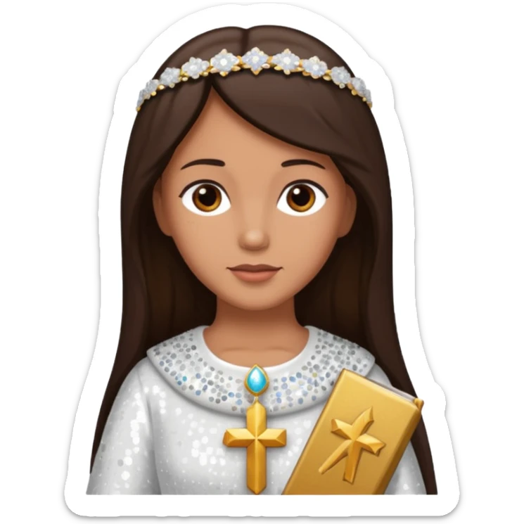 Mary, mother of Jesus from The Bible with dark brown hair, white sequin outfit sticker