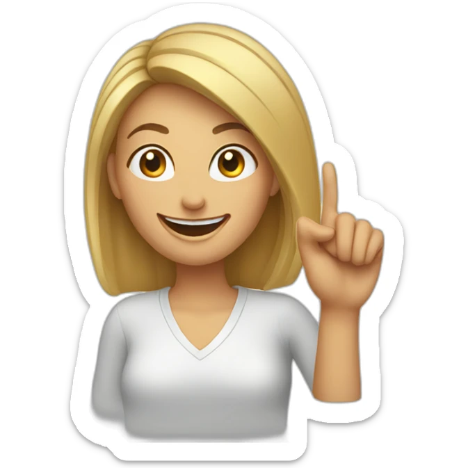 Woman with wide smile pointing with finger to her temple in the head sticker
