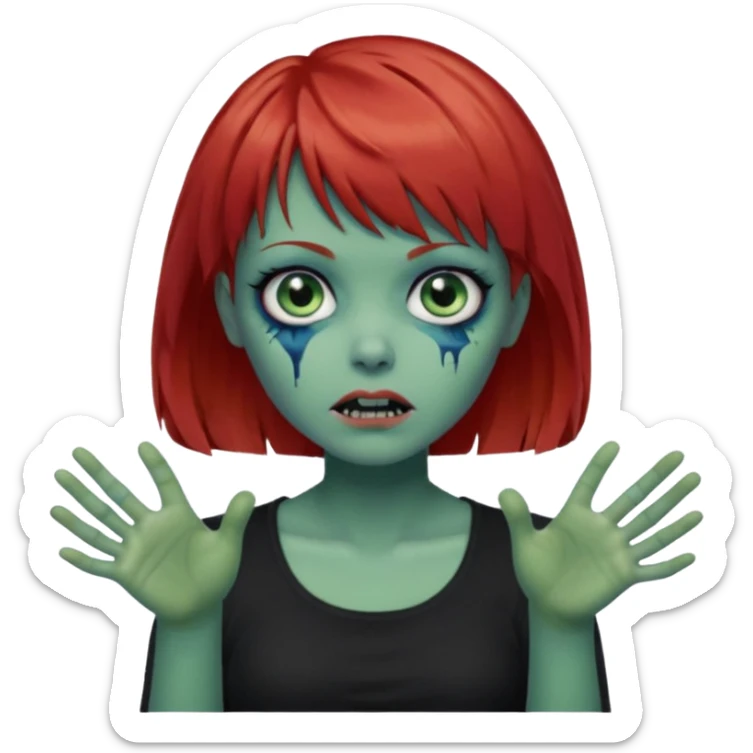 Zombie girl emoji with short red hair and bangs. Blue eyes, green skin, and a black top Her hair is slightly wavy and she has her hands outstretched in front of her.  sticker