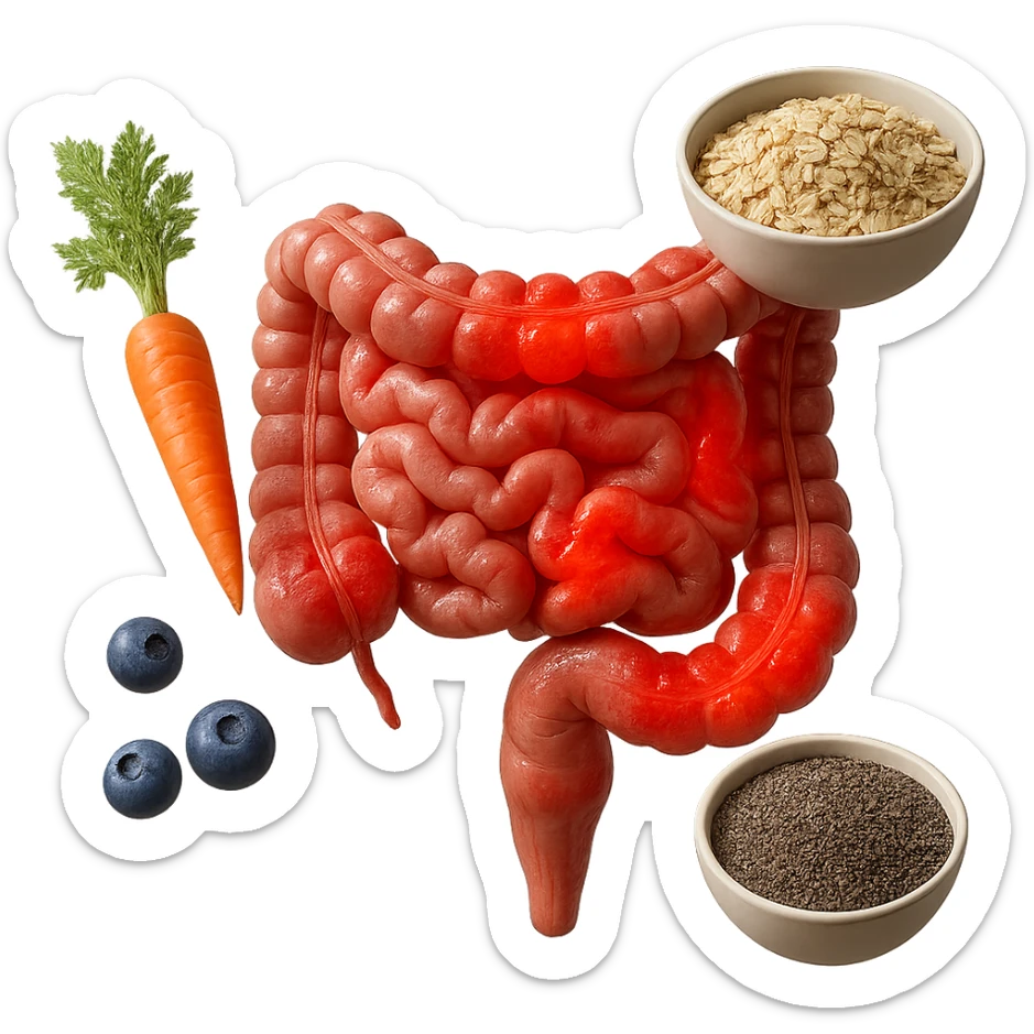 intestino umano anatomico infiammato al centro con carota, bowl di avena, mirtilli, bowl di semi di chia che gli fluttuano intorno , iperrealistico 4k sticker
