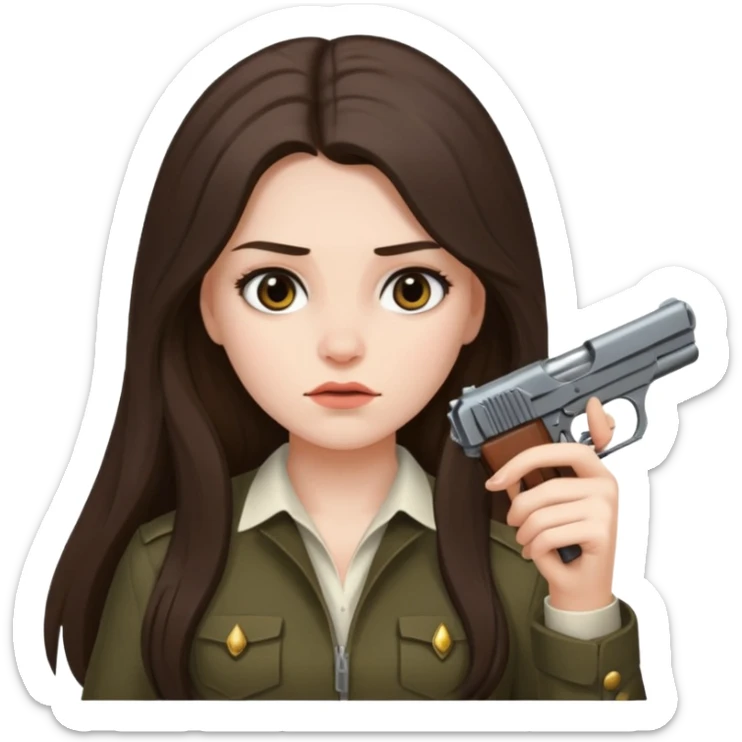 A brunette with long hair girl who is about to kill herself with a littlr gun pointed at her temple sticker