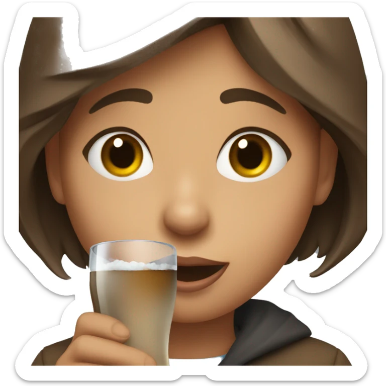 A young brown haired girl holding a glass with smoke coming out of her mouth from the cold  sticker
