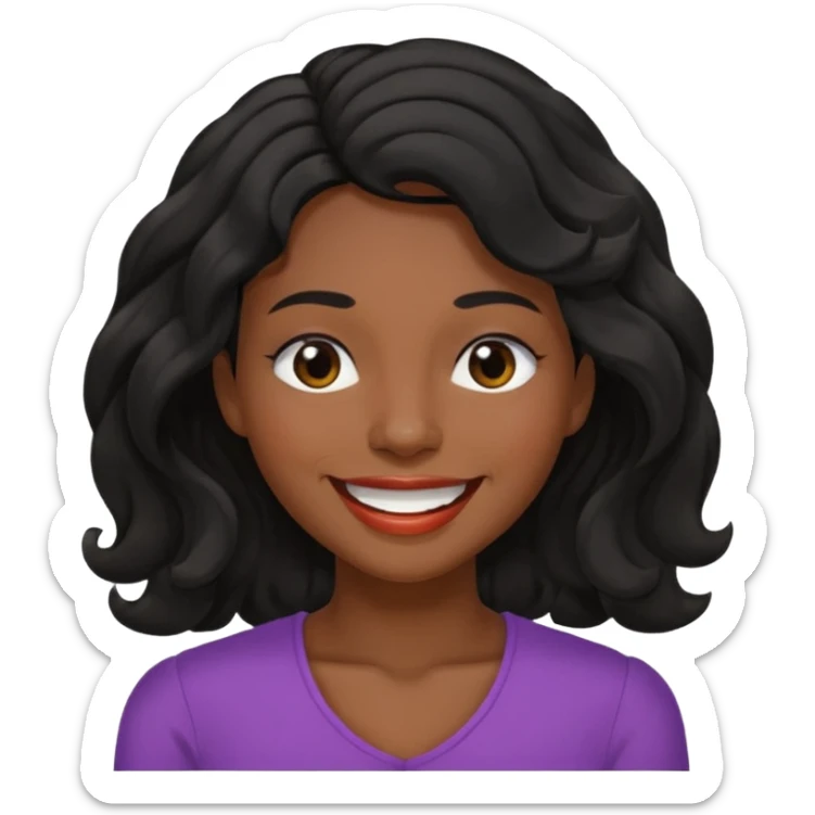 Happy face with big smile showing teeth,  dark brown skin color black women wavy hair shoulder length, eyes slightly closed sticker