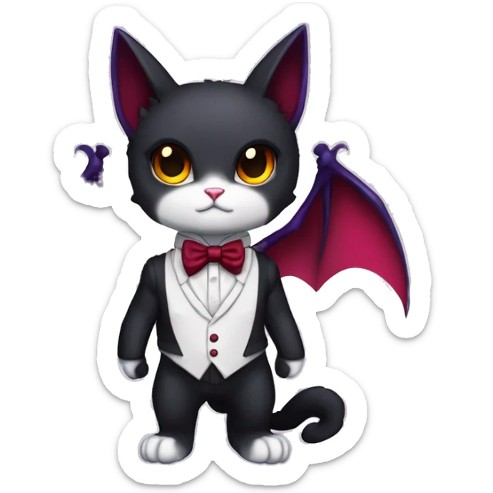 Cute-Edgy-Vampiric-Batty-Cat-Black-Purple-Red-Yellow-Contrast-Colors-Fantasy-Fur-Sona-Chibi-Shiny-Fakémon-Hybrid with horns and big fangs neck bow white tie leg spats full body sticker