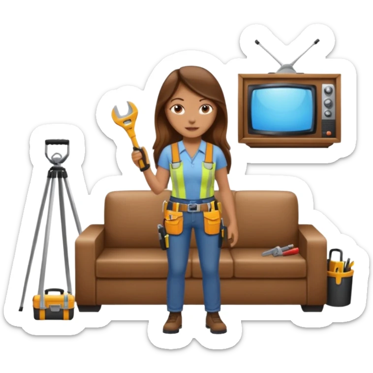 beautiful girl with long brown hair constructing new lounge room area with tv and couch sticker