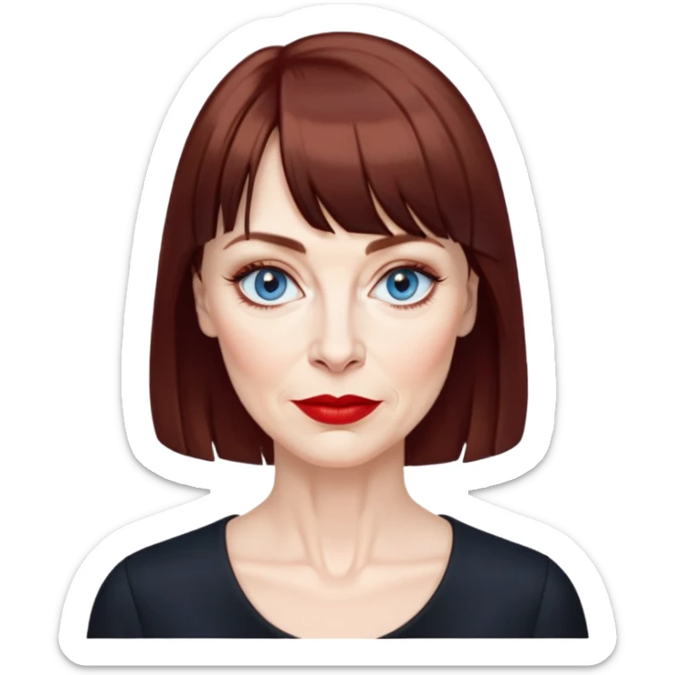 Woman in her late 50s with pale skin, wider face, more pronounced wrinkles, blue eyes with eyeliner, thin eyebrows, small nose, red lipstick, dark auburn hair with bangs, wearing a black top sticker