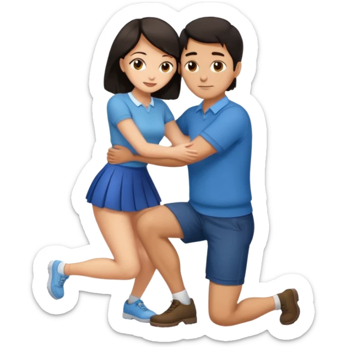  man with dark hair on knees, facing dark haired, middle aged woman in a micro mini skirt, hugging her waist sticker