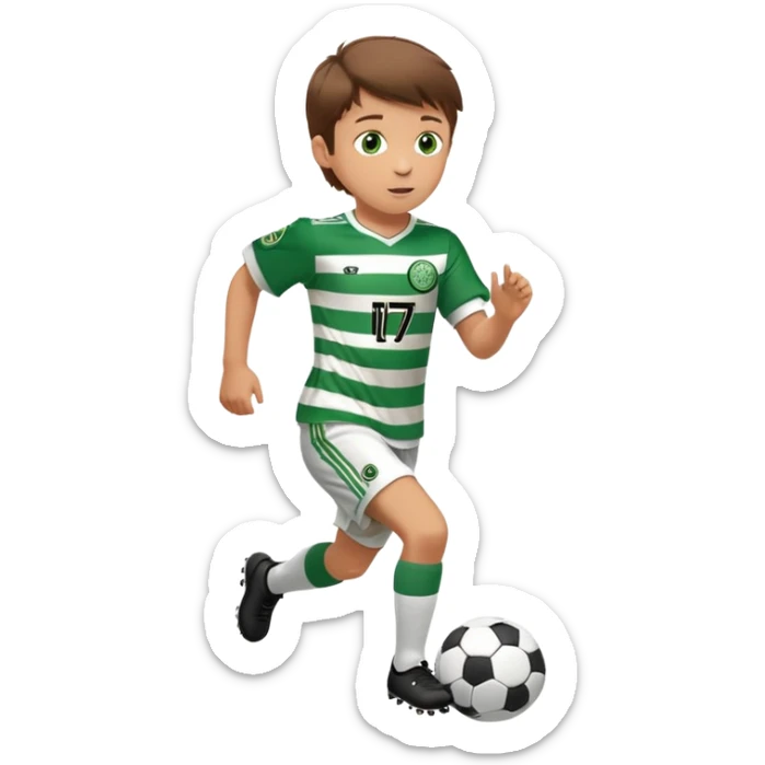 Celtic footballer jersey logo  6 years old brown hair white boy , stripes uniform , RUNNING  with soccer ball # 17 celtic football logo PUT ONLY ONE LOGO sticker