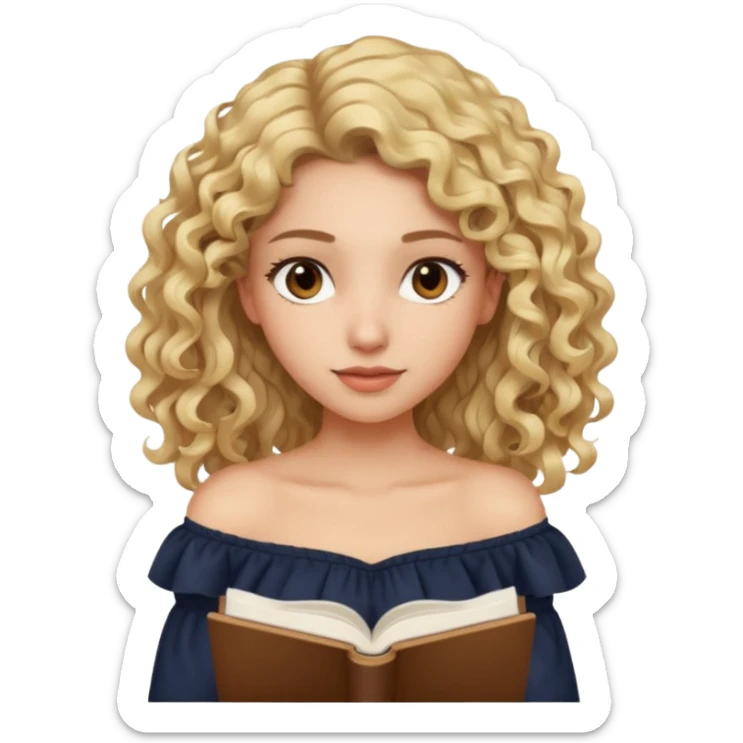 woman with long curly blond hair, brown eyes, wearing an off-shoulder top, studying sticker