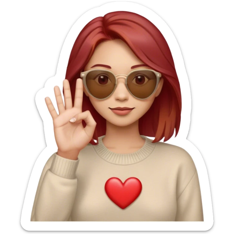 This Memoji features a person with shoulder-length brown hair with some red hair highlights , wearing red-tinted sunglasses with a beige frame. They are dressed in a beige sweater over a light gray collared shirt. The character is making a small heart gesture with their fingers, commonly used to express love or appreciation. The expression appears friendly and confident sticker