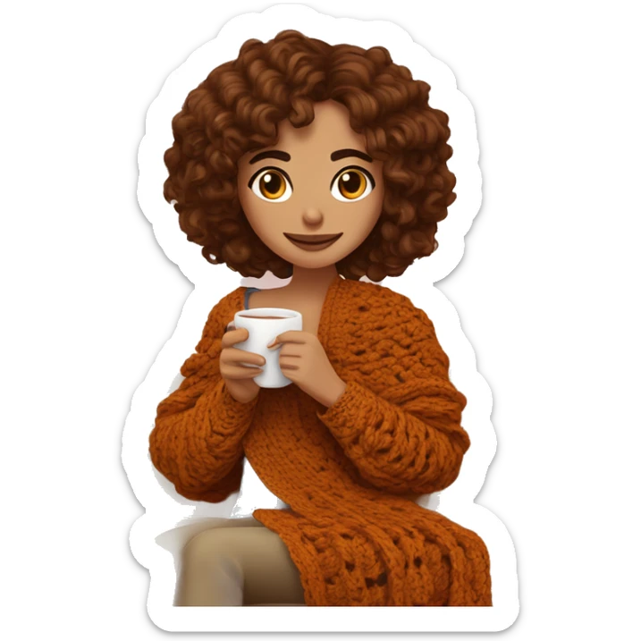 26 year old white Mediterranean woman with brown soft wavy hair and curtain bangs. She is crocheting a garment. She is sitting on the sofa with a crochet blanket that is in the color of cinnamon on herself. Near her there is a cup of tea. sticker