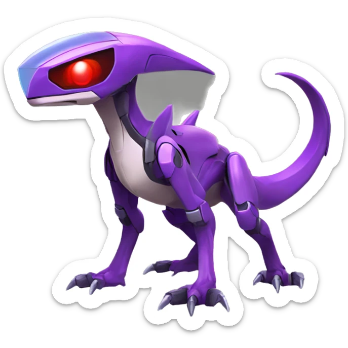 a purple-green-red Genesect-Raptor-Fakémon—hybrid with a futuristic visor-helmet full body sticker