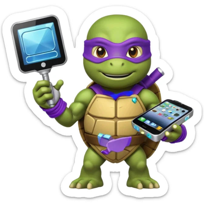 Donatello from Teenage Mutant Ninja Turtles, emoji style, holding a hologram device and a tech gadget sticker