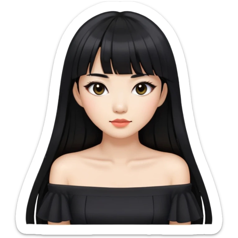 Asian woman with long black hair, straight bangs, black off-shoulder dress, and visible makeup sticker