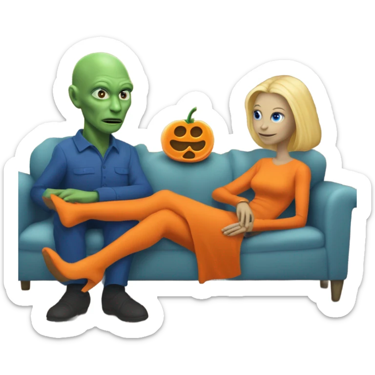 blonde alien reptilian woman in orange dress and humman man in blue, sitting on a couch  sticker
