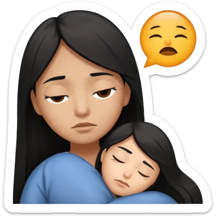 character has light brown skin and straight, long black hair with wide brown eyes. Sleepy tired. sticker