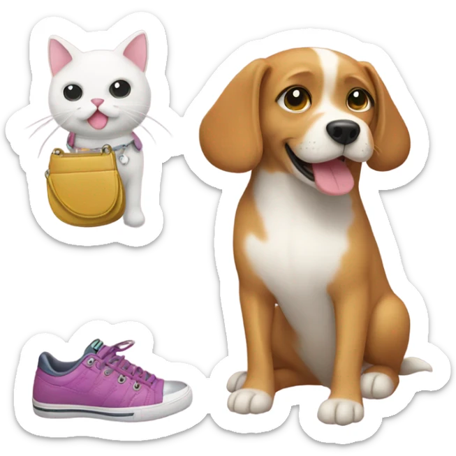 A dog with cat stickers and shoes on and with a purse sticker