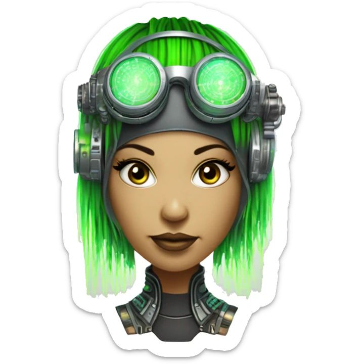 Neon green bobbed hair Latina female cyborg head with silver steampunk goggles and circuits sticker