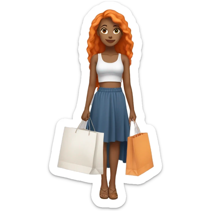 Tan girl with long orange hair wearing a skirt and crop top outfit holding shopping bags sticker