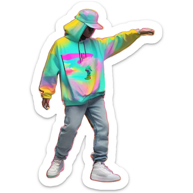Multicoloured neon Vaporwave person hoodie dancing hip hop bucket hat tropical Skater fashion aesthetic baggy clothes graphic t shirt 420 sticker