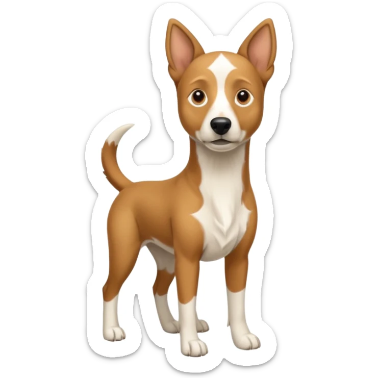 a full body white parsel russell looking dog the size of a kelpie with light brown ears and a light brown patch on one eye and a large snout sticker