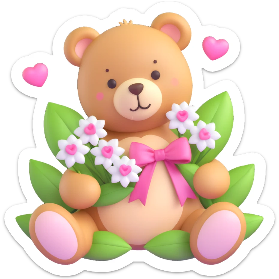 a teddy bear with a pink bow on its head, holding a bouquet of white flowers with green leaves, and small pink hearts floating around sticker