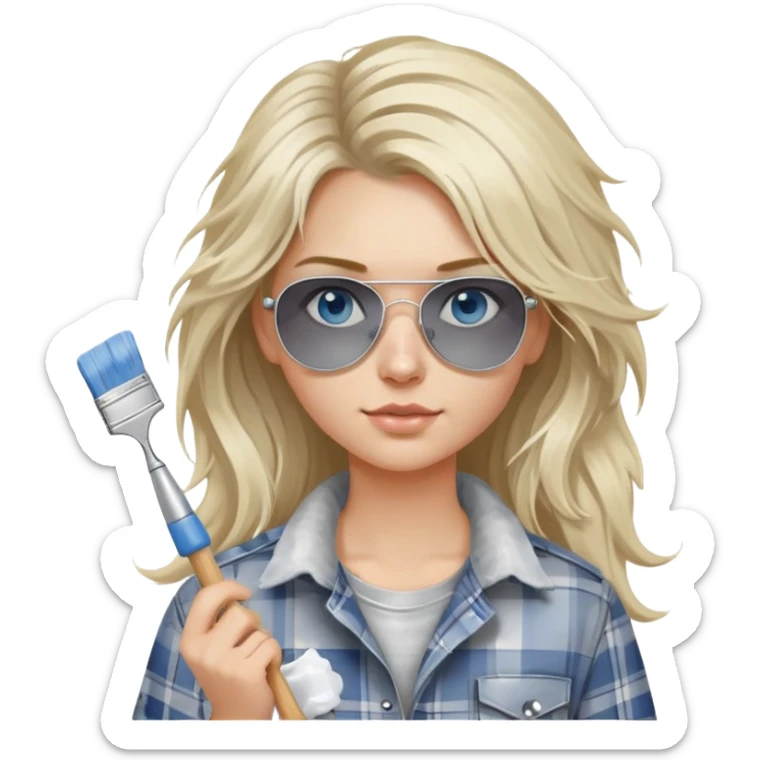girl with long blond messy hair, white paint on her face wearing grey plaid shirt with blue eyes and aviator sunglasses wearing a ring on her silver necklace, holding a paint brush roller sticker