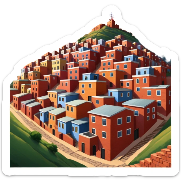 Urban Peruvian hillside neighborhood, brick houses stacked on steep hills, unfinished red brick buildings, colorful painted facades, narrow stairways, electric cables crossing the sky, sunset lighting, realistic style, cinematic, high detail sticker
