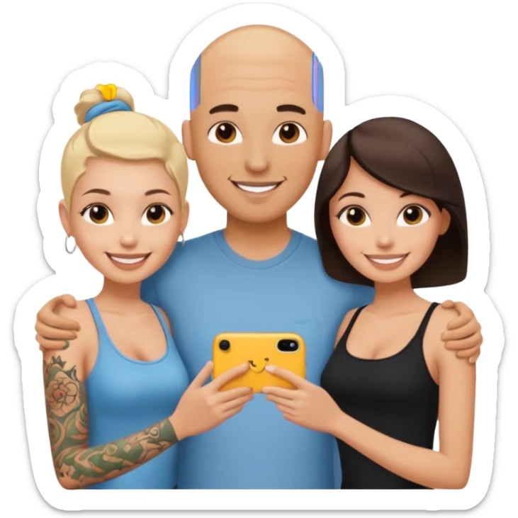 throuple tatted bald boyfriend with blonde girl friend and brunette girlfriend sticker