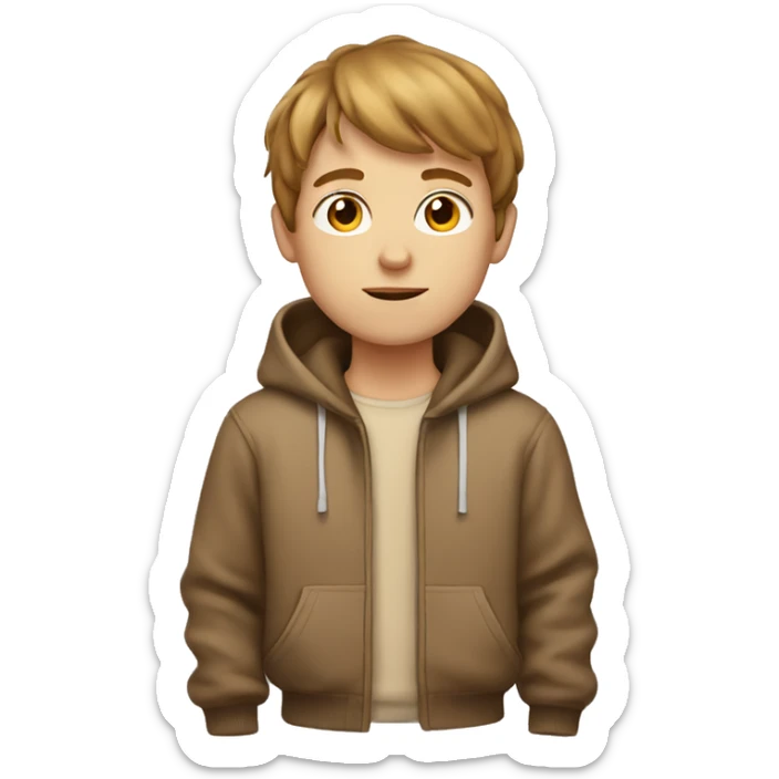 White boy with brown fringe hair and with a beige hoodie sticker