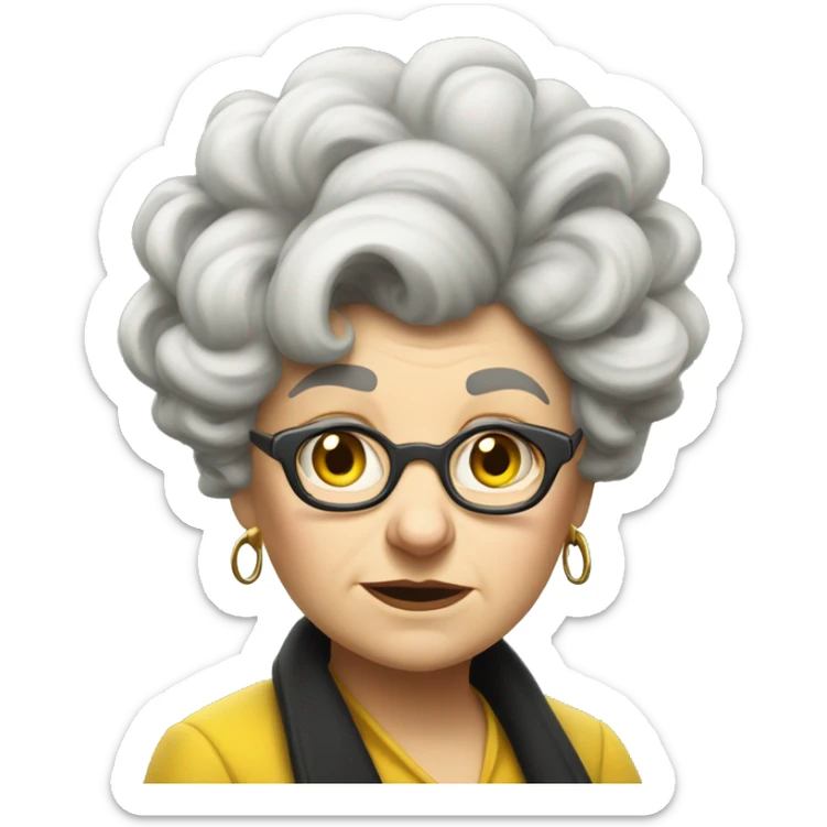 one old, curvy woman, white face, hufflepuff, grey and curly and wild hair, madame sprout, not amused,  sticker