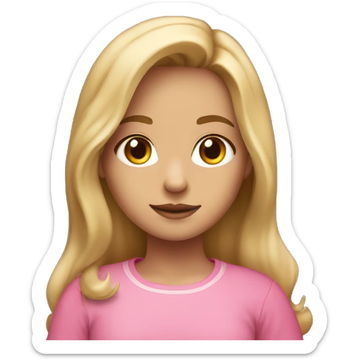 a girl with a middle part and dirty blonde hair and hazel eyes with a pretty pink shirt sticker