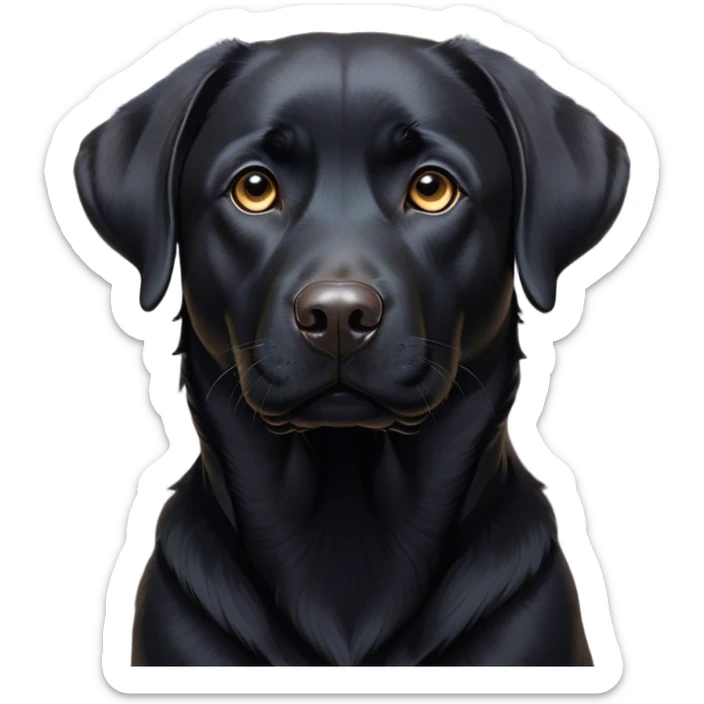 Cinematic Noble Black Labrador Portrait Emoji, Poised and regal, with a robust, muscular build and a sleek, shiny pure black Fur, deep-set soulful brown eyes, Simplified yet sharp and sophisticated features, highly detailed, glowing with a soft, dignified glow, high shine, intelligent and gentle, stylized with an air of confidence, focused and attentive, soft glowing outline, capturing the essence of a watchful and loving companion, so majestic it feels as though it could bound out of the screen with effortless authority! sticker