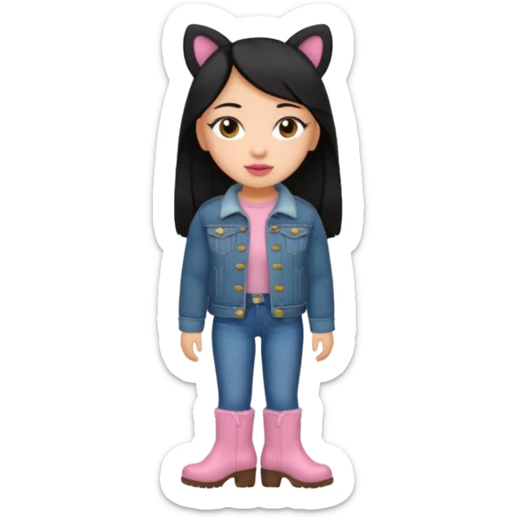 Gordita, ojos pequeños de color cafe oscuro, labios pequeños y rosados, piel trigueña, orejas pequeñas, cabello largo lazio y negro, pequeña. cuerpo completo. vestida con saco de lana jean y botas color café sin orejas sticker