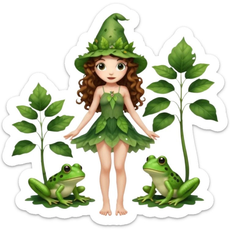 full body woman long curly brown hair brown eyes white skin tattoos wearing cute frog hat and sheer leaf dress, barefoot, flirty forest fairy pose sticker